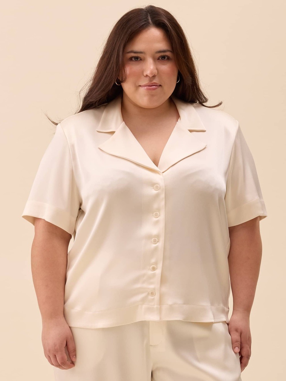 Djerf Avenue Satin Short Sleeve Blouse Ivory Size 3XL NWT